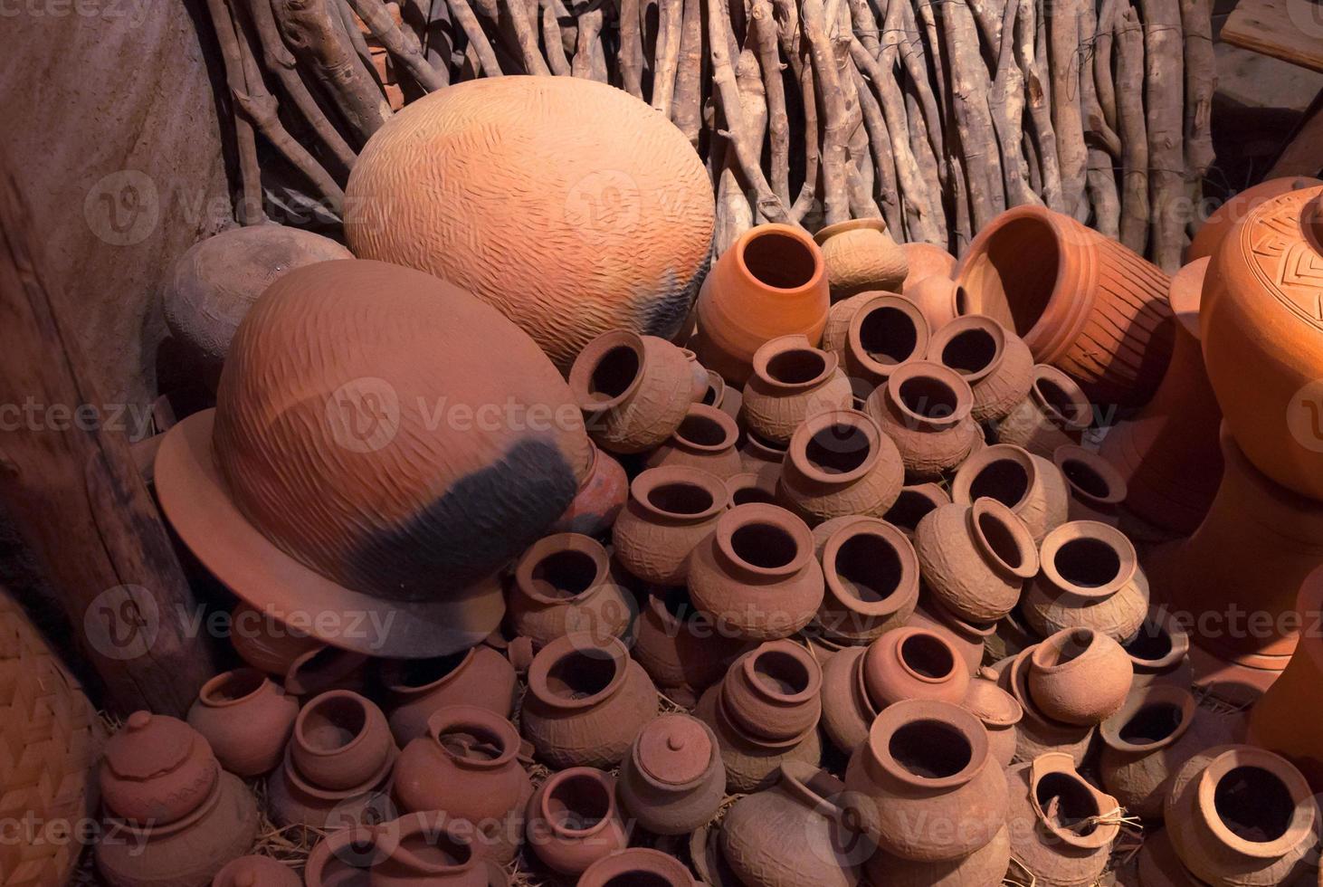 Traditional pottery ,Clay pots of various sizes and heaps,Showcase of handmade ceramic pottery photo