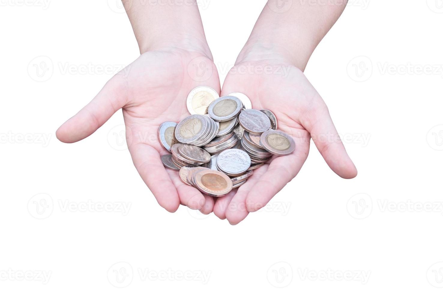 Coins in hands Isolated on white,Donation Investment Fund Financial Support Charity  Dividend Market Growth Home House Stock Trust Wealthy Giving Planned Accounting Collection Debt Banking ROI concept photo