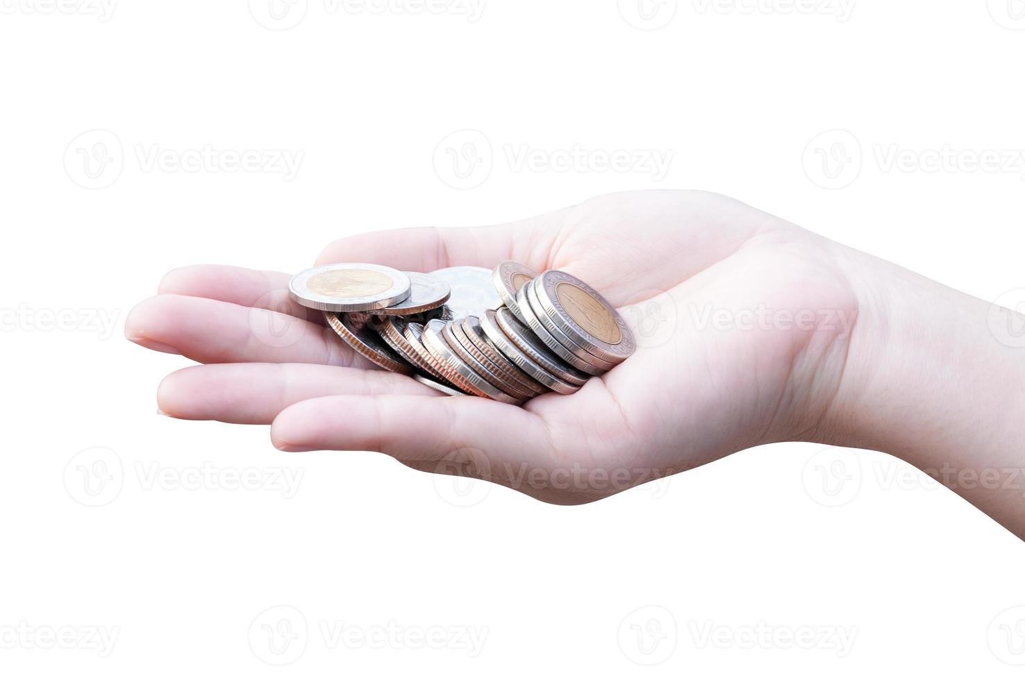 Coins in hands Isolated on white,Donation Investment Fund Financial Support Charity  Dividend Market Growth Home House Stock Trust Wealthy Giving Planned Accounting Collection Debt Banking ROI concept photo