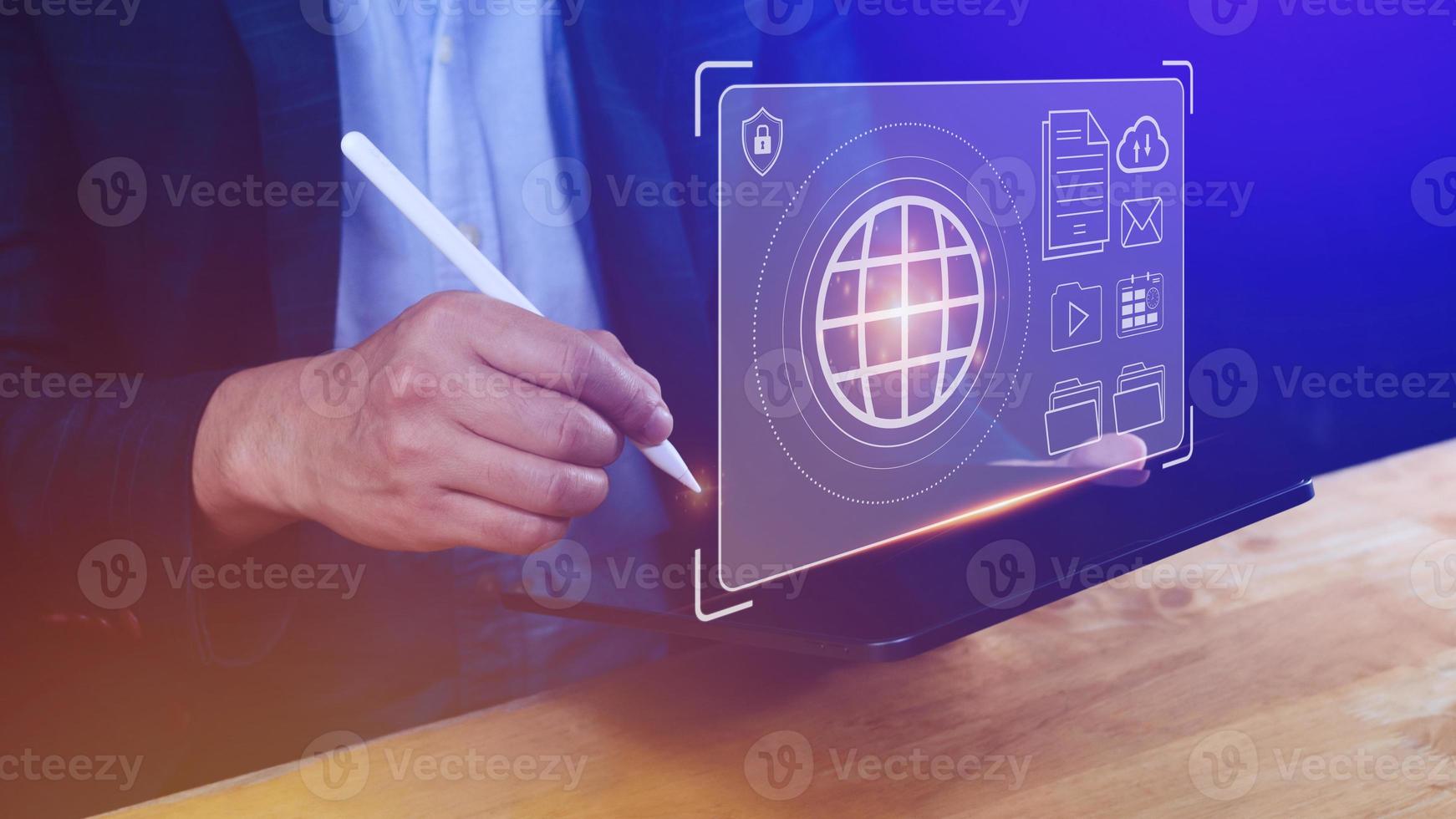Businessman holding Global network connection, Big data analytics and business intelligence concept, World map point and line composition concept of global business, Digital link tech photo