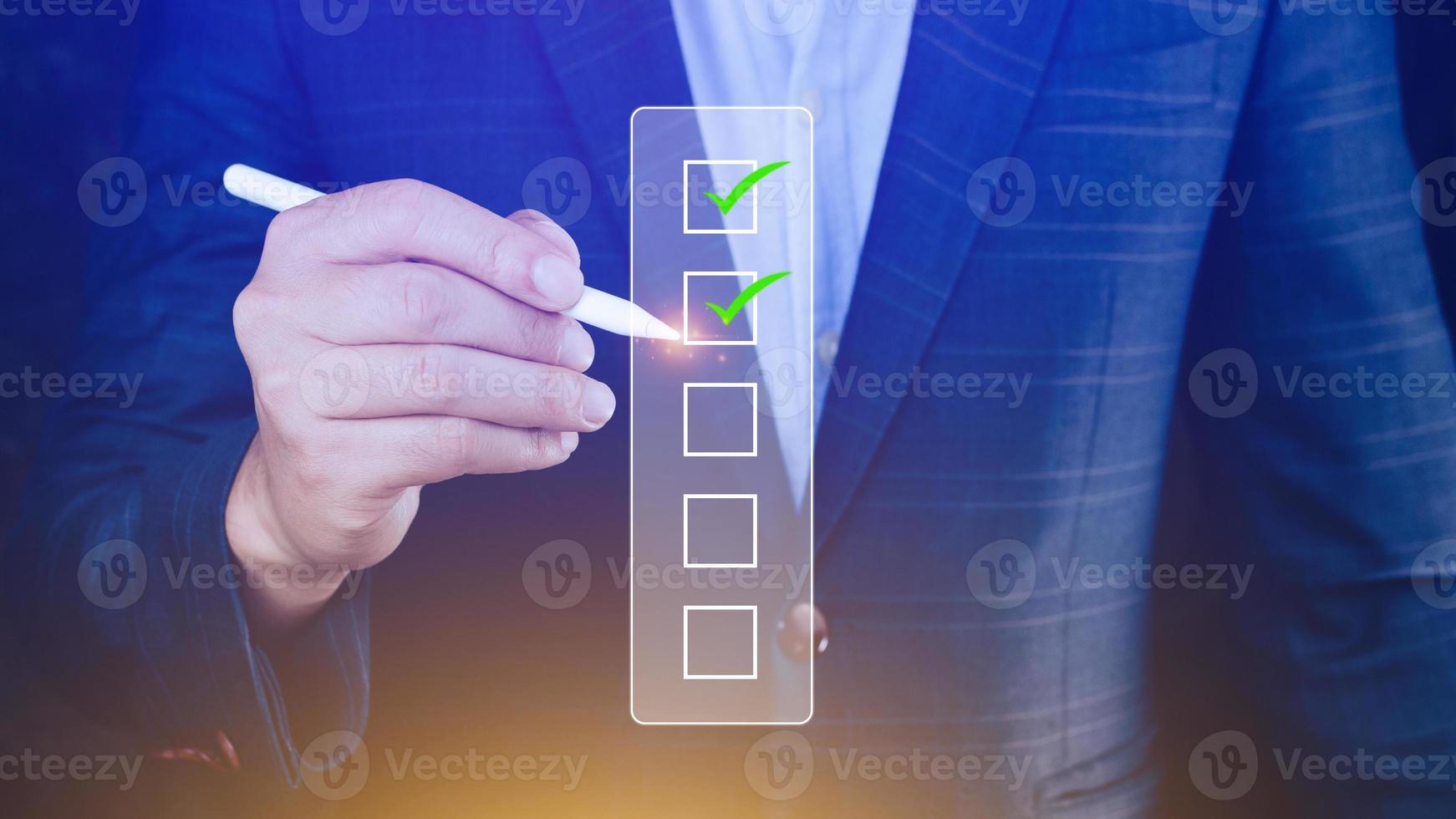 Businessman tick correct sign mark for document approve , project acceptance and quality assurance concept, take an assessment, questionnaire, evaluation, online survey online exam check list photo