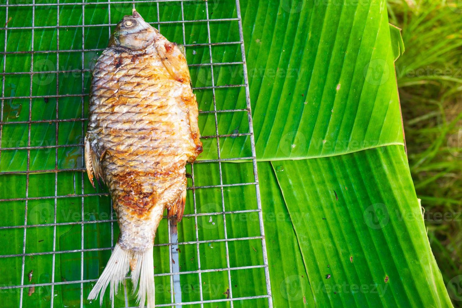 Fish burned, cooked and placed on green banana leaves,Top view photo