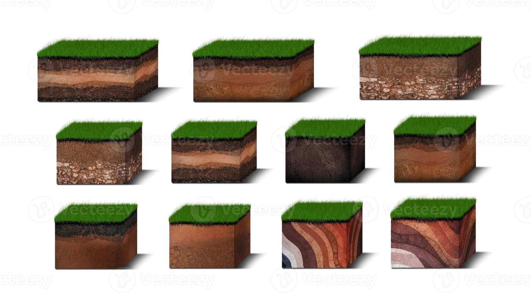 Isometric Soil Layers diagram, Cross section of green grass and underground soil layers beneath, stratum of organic, minerals, sand, clay, Isometric soil layers isolated on white photo