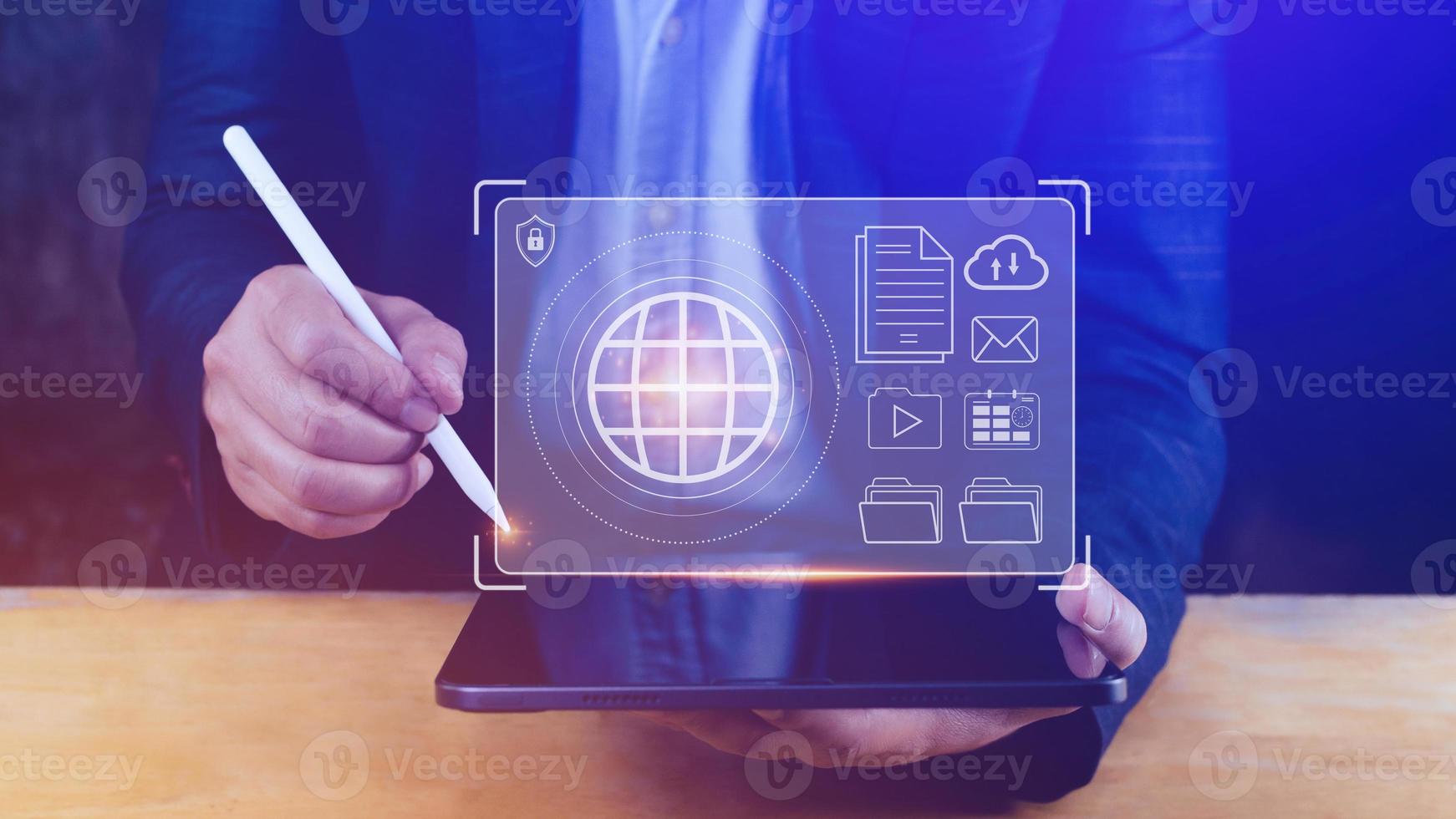 Businessman holding Global network connection, Big data analytics and business intelligence concept, World map point and line composition concept of global business, Digital link tech photo