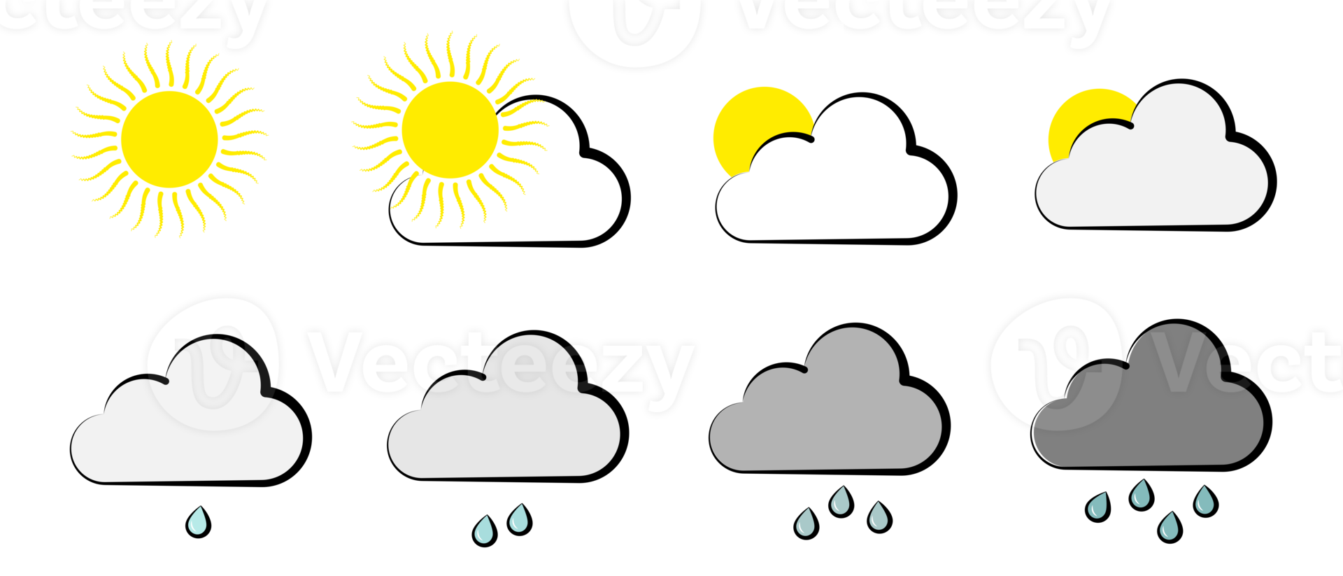 Weather and meteorology icon set. Sun, clouds, rain symbol Isolated png