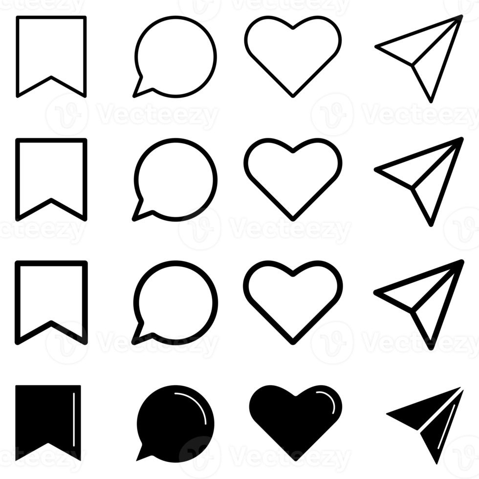 Collection of Generic social media user interface icon set. Like, comment, share and save icon png