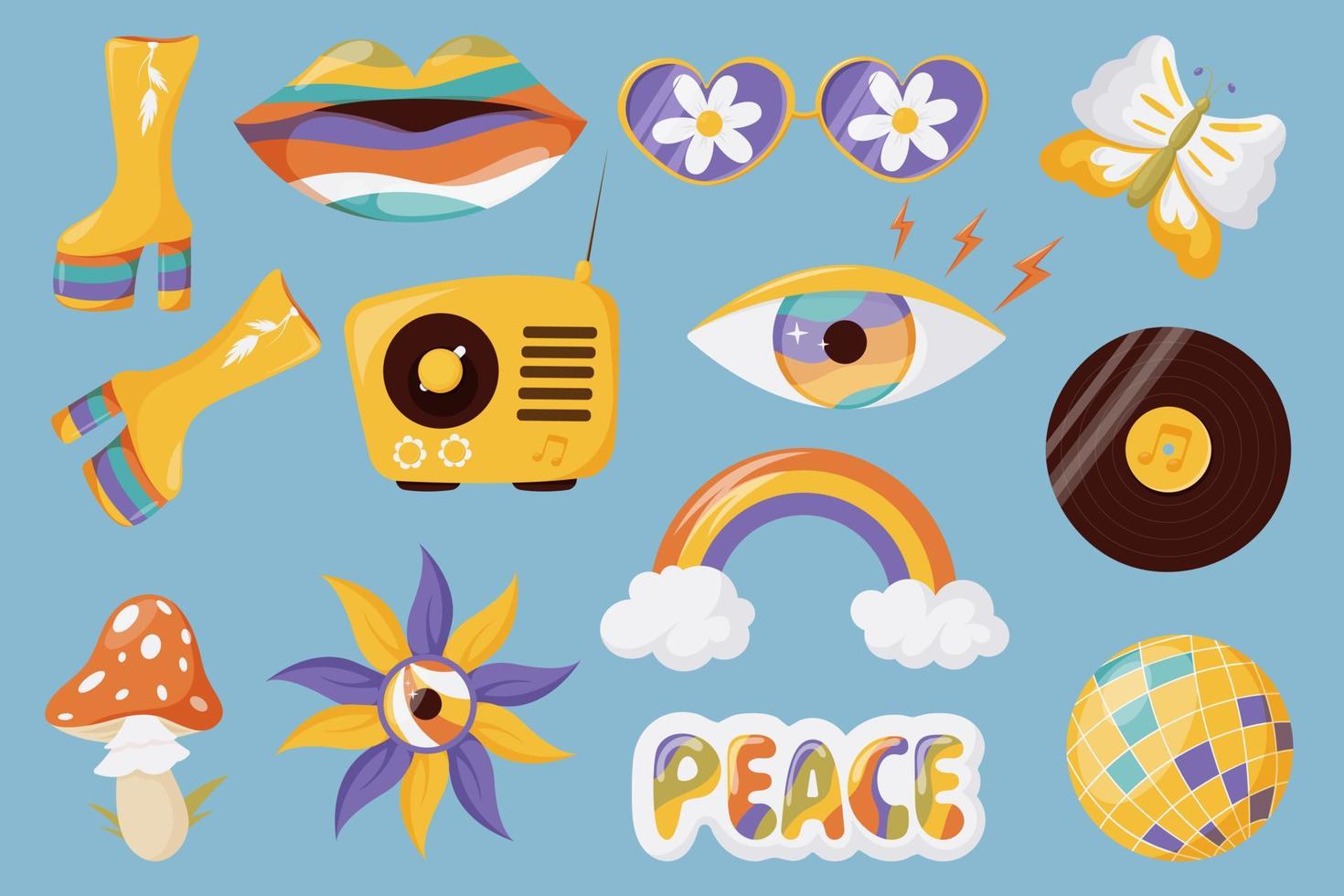 Groovy hippie 70s set. Rainbow with clouds, peace, fly agaric, lips, eye, record, radio, daisy glasses, roller skates, disco ball, butterfly, boots. Trendy retro psychedelic vector illustration.