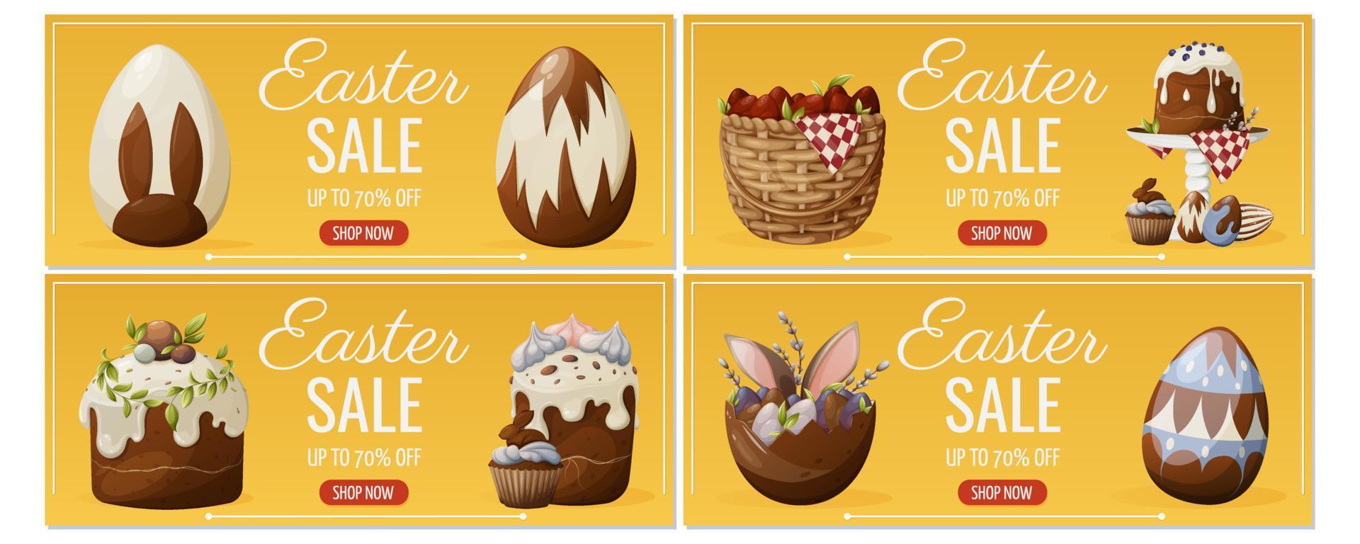 Set of Holiday Sale Flyers for Happy Easter. Party attributes, bunny ears, cakes and cupcakes, spring flowers and willow branches, eggs. Vector illustration for poster, banner, website.