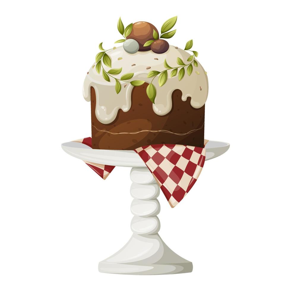 Easter cake on a stand, decorated with white icing and leaves. Festive baking, spring theme. Vector illustration, cartoon style, isolated background.