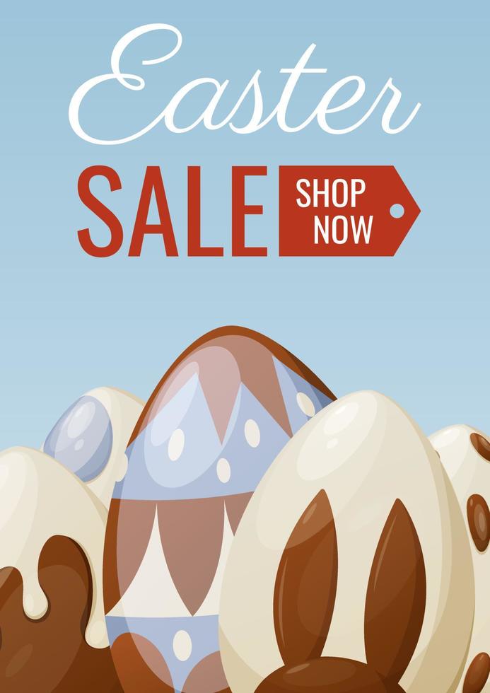 Easter sale. Chicken eggs decorated with chocolate. Vector illustration for the spring holiday. For banner, poster, flyer