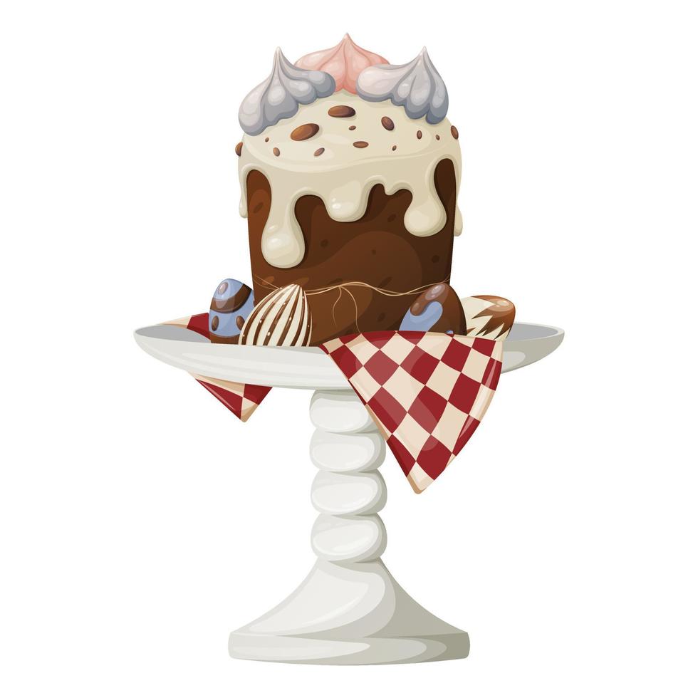 Easter cake on a stand with a towel, decorated with white icing and meringue. Colorful chicken eggs. Festive baking, spring theme. Vector illustration, cartoon style, isolated background.