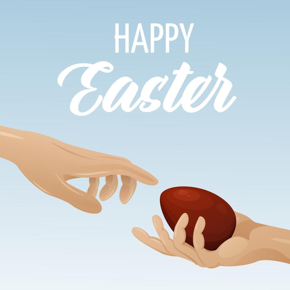 One hand reaches for the other hand with a red egg. Sky background. Happy easter text. Vector illustration for spring religious holiday. For banner, poster