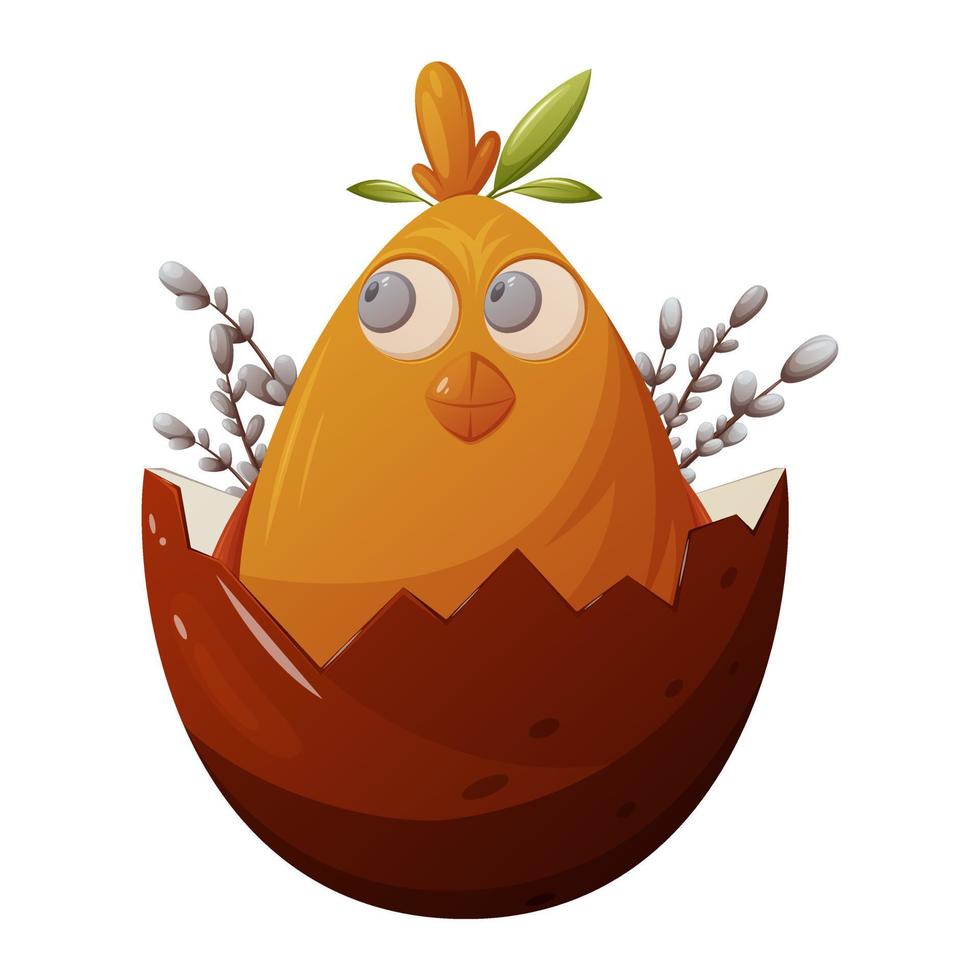 Funny yellow chicken sits in a red egg shell. Willow branches. Easter spring concept. Vector illustration, cartoon style.