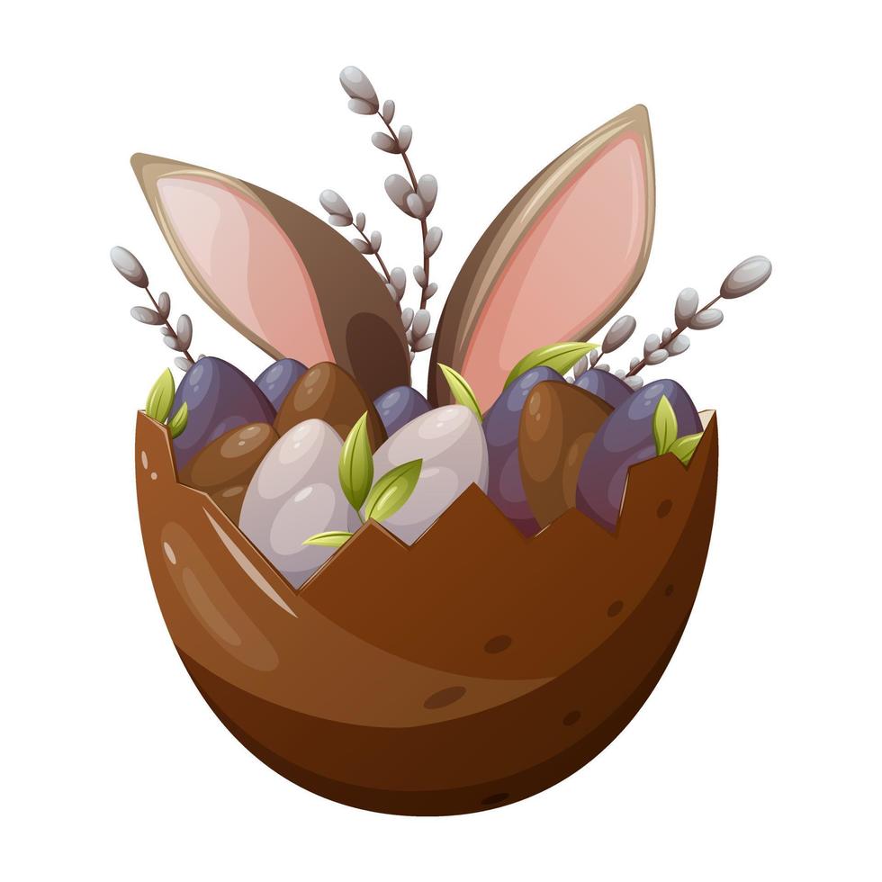A cute Easter Bunny sits in a chocolate egg. Willow branches, colorful chicken eggs. Festive spring theme. Vector illustration, cartoon style, isolated background.