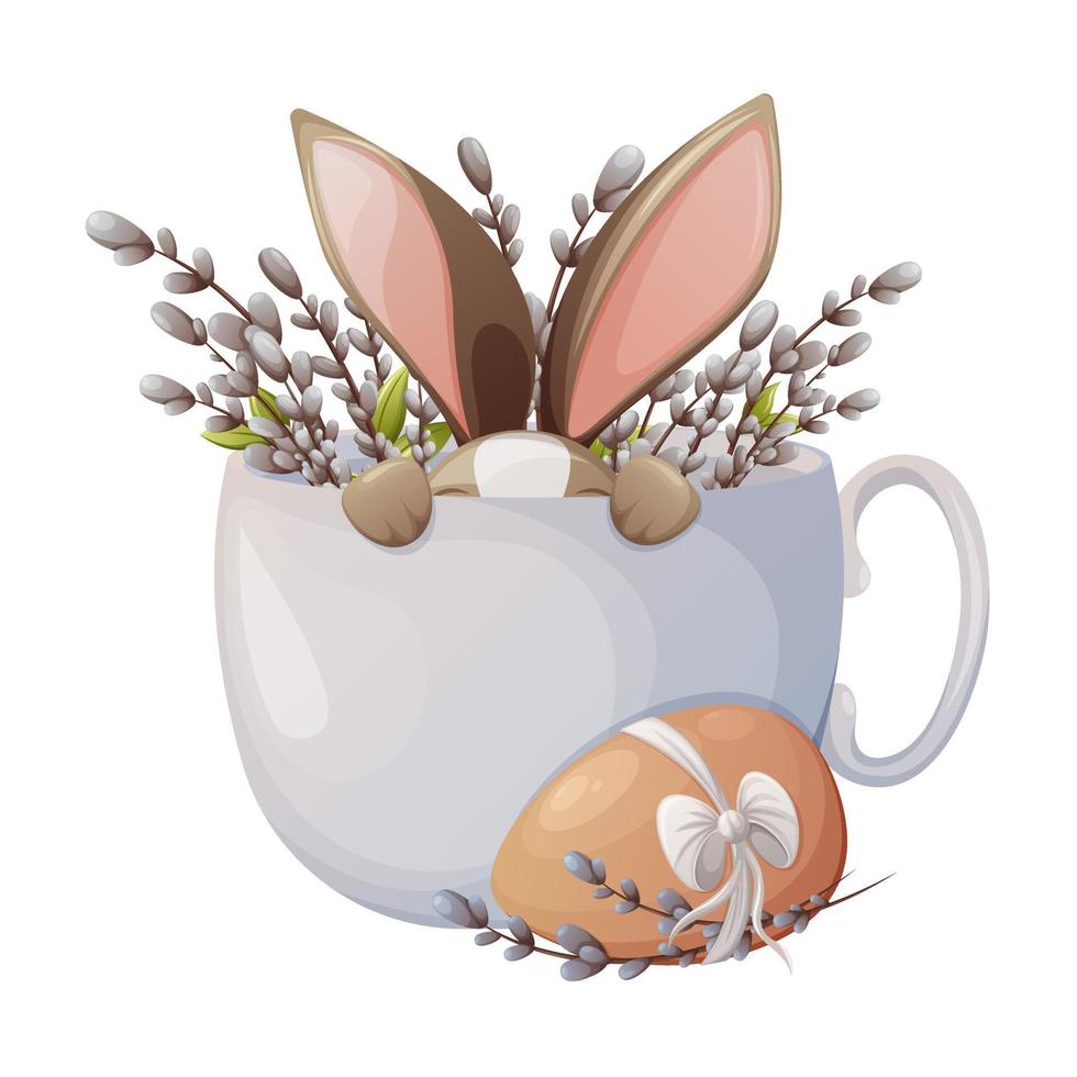 A cute Easter Bunny sits in a cup. Willow branches and a chicken egg with a bow. Festive spring theme. Vector illustration, cartoon style, isolated background.