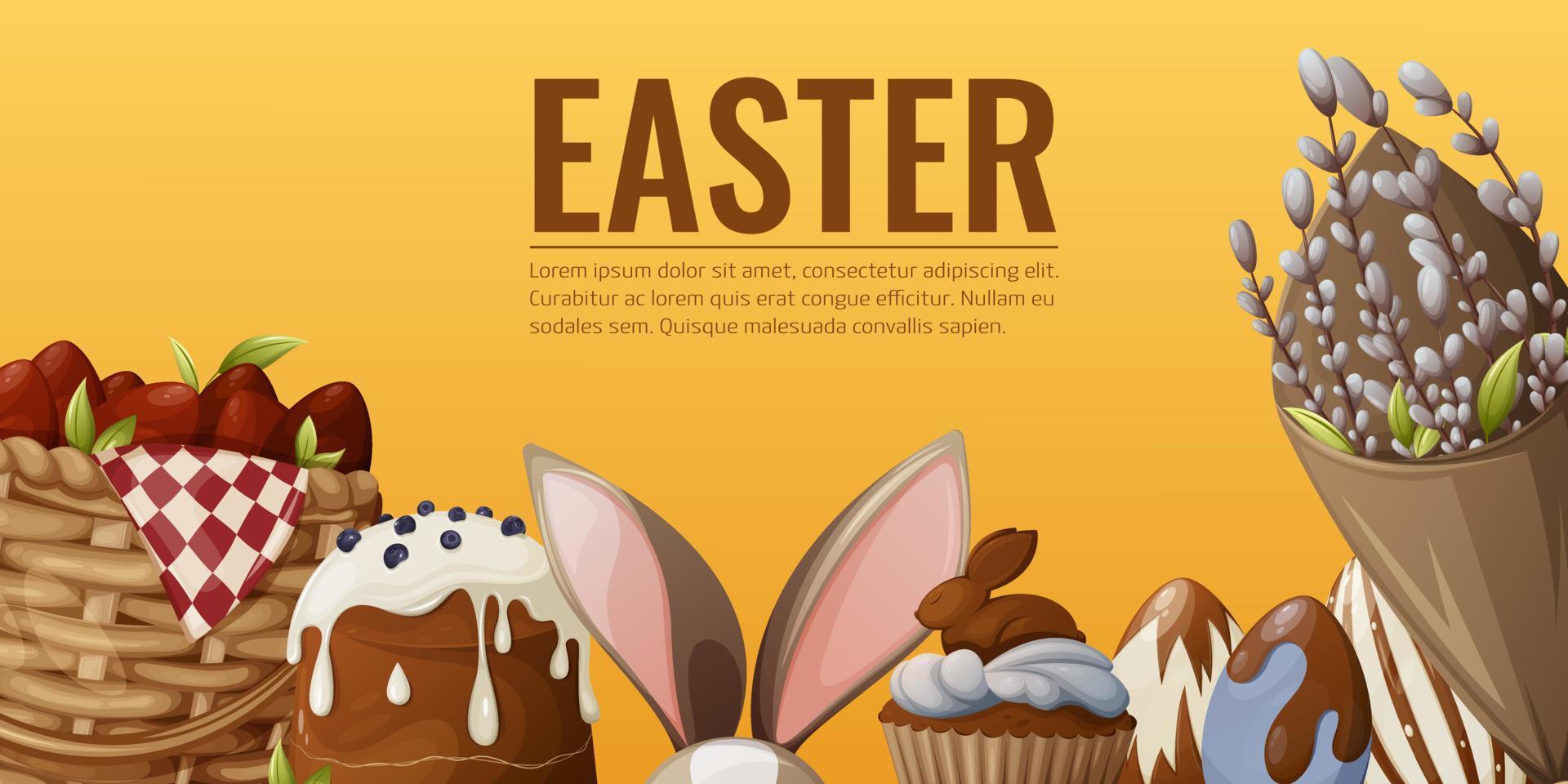 Easter banner with holiday attributes, a wicker basket with red eggs, traditional cakes, bunny ears, a bouquet with willow branches. Place for text. Horizontal poster, bright background vector