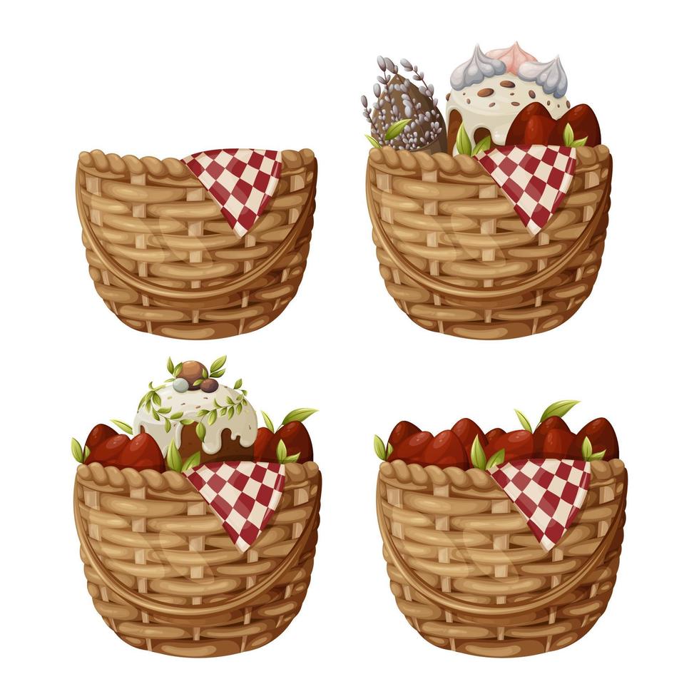 A set of wicker baskets with red eggs, Easter cake, a bouquet of willow branches. Vector illustration for the spring religious holiday on an isolated background.