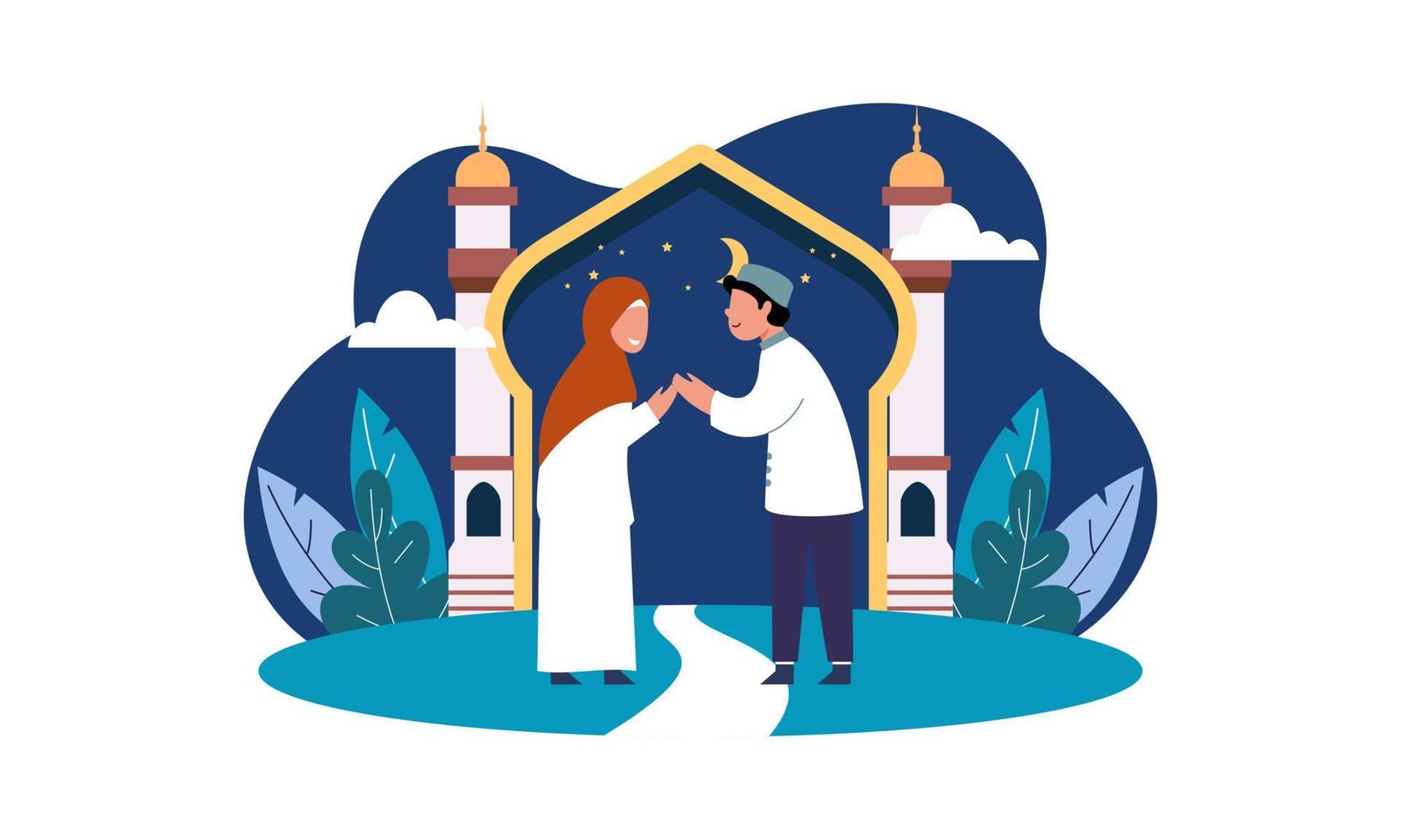 Happy eid mubarak, ramadan mubarak greeting concept with people character illustration vector