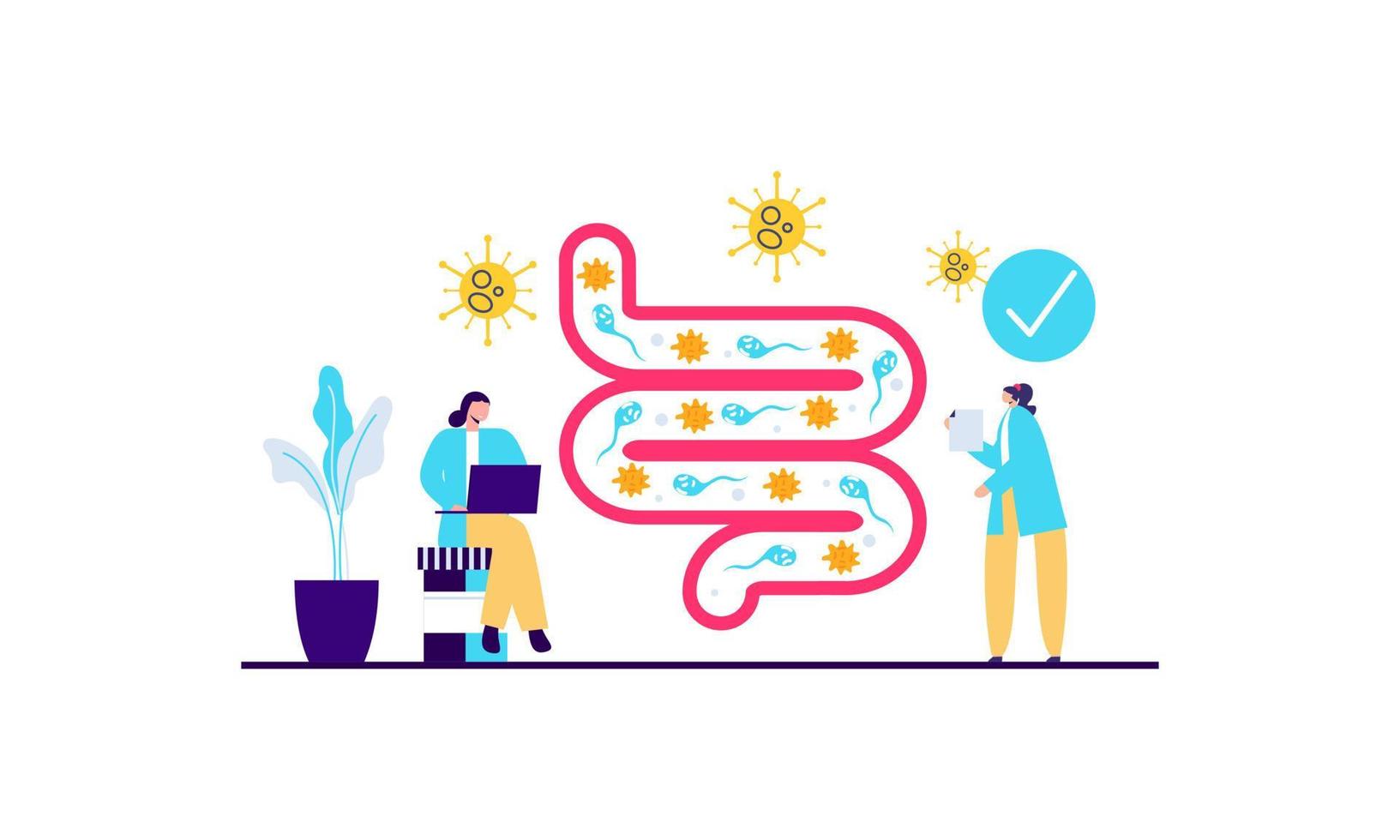 Tiny doctors examining gut flora, health concept illustration vector