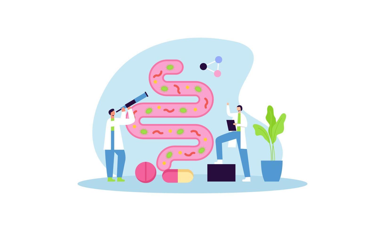 Tiny doctors examining gut flora, health concept illustration vector