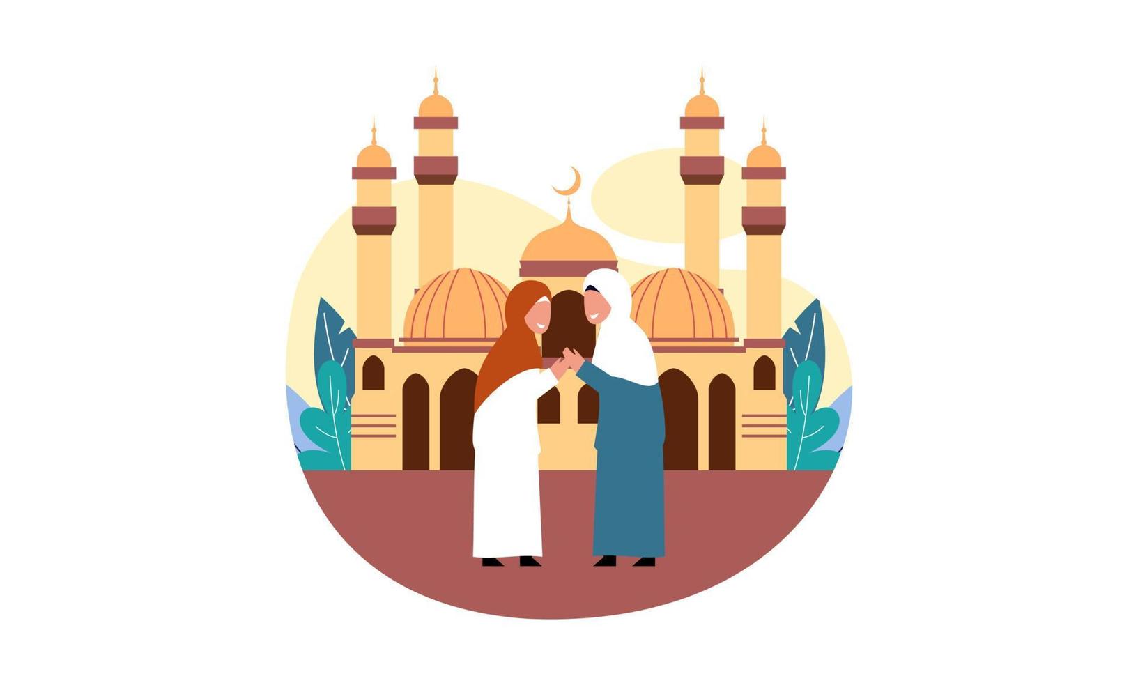 Happy eid mubarak, ramadan mubarak greeting concept with people character illustration vector