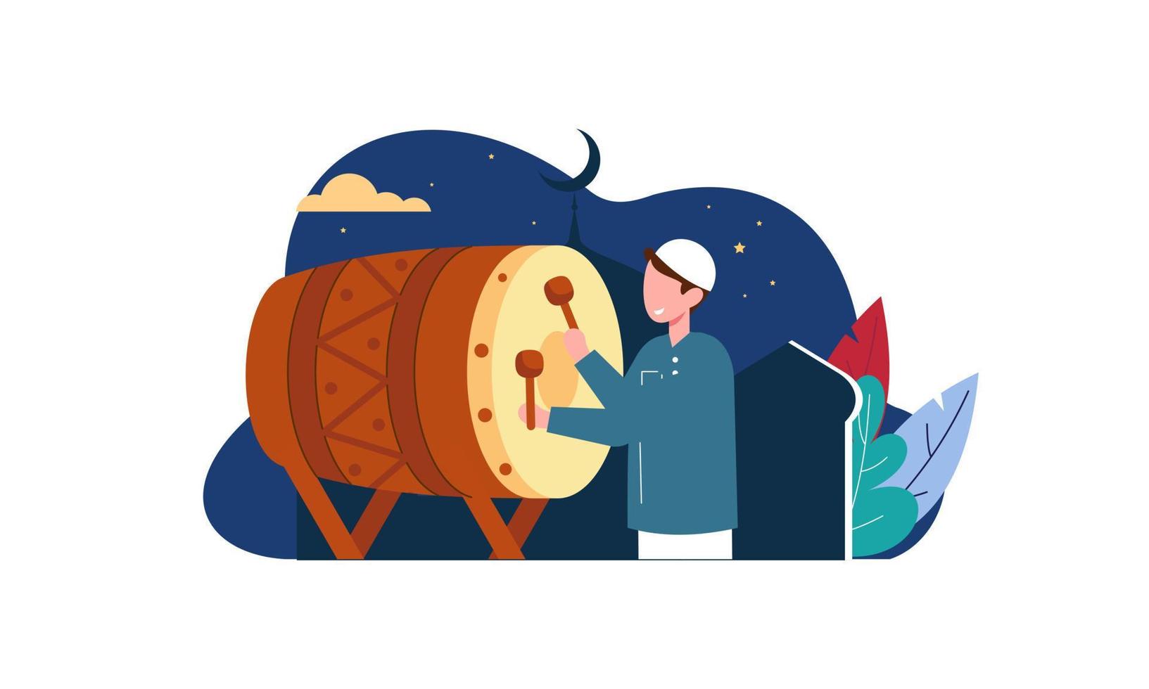 Happy eid mubarak, ramadan mubarak greeting concept with people character illustration vector