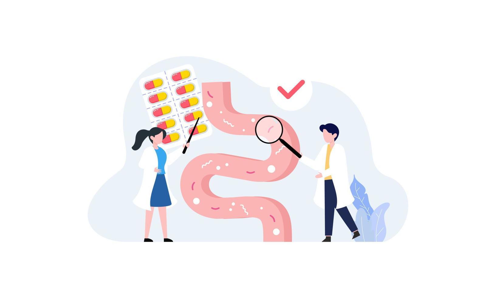 Tiny doctors examining gut flora, health concept illustration vector