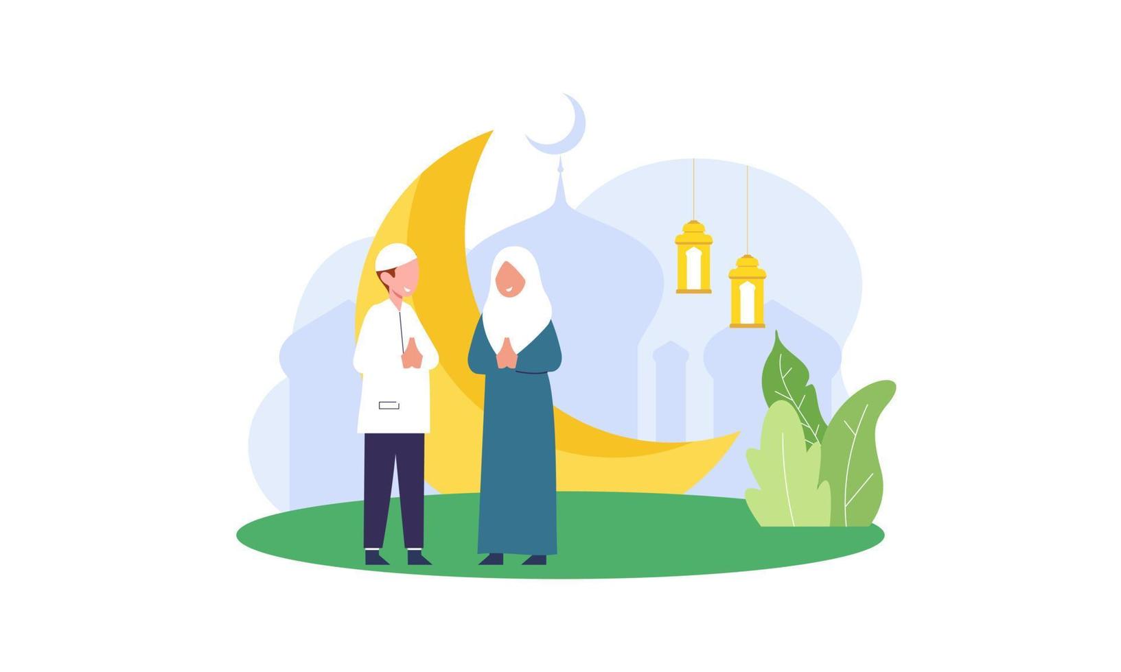 Happy eid mubarak, ramadan mubarak greeting concept with people character illustration vector
