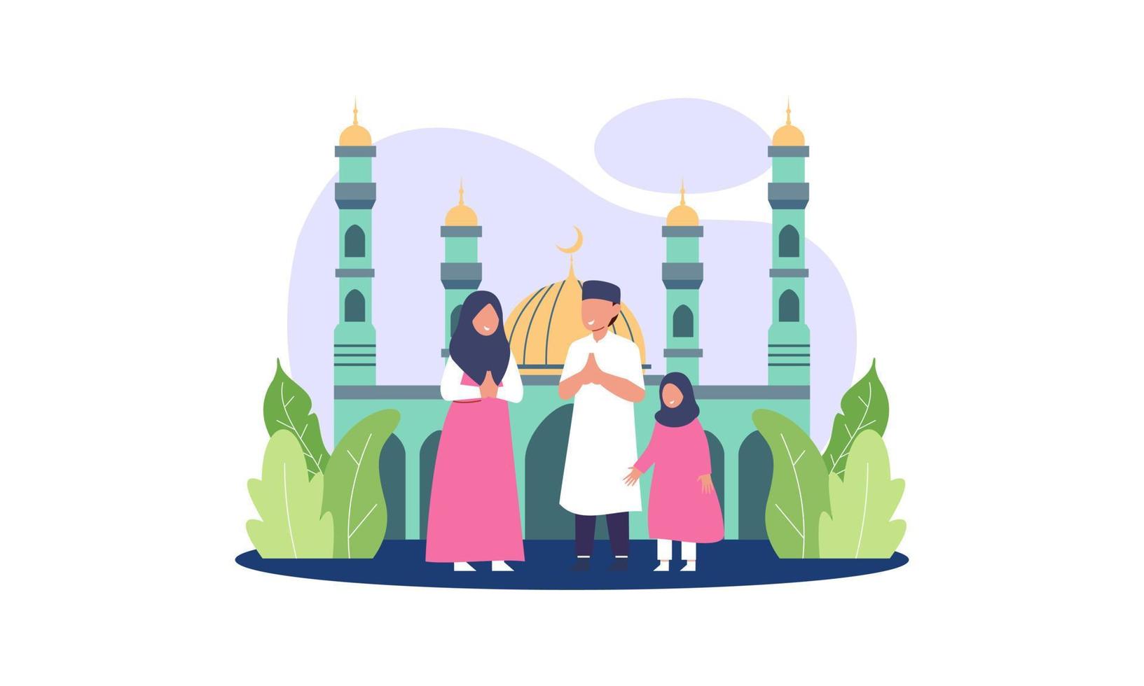 Happy eid mubarak, ramadan mubarak greeting concept with people character illustration vector