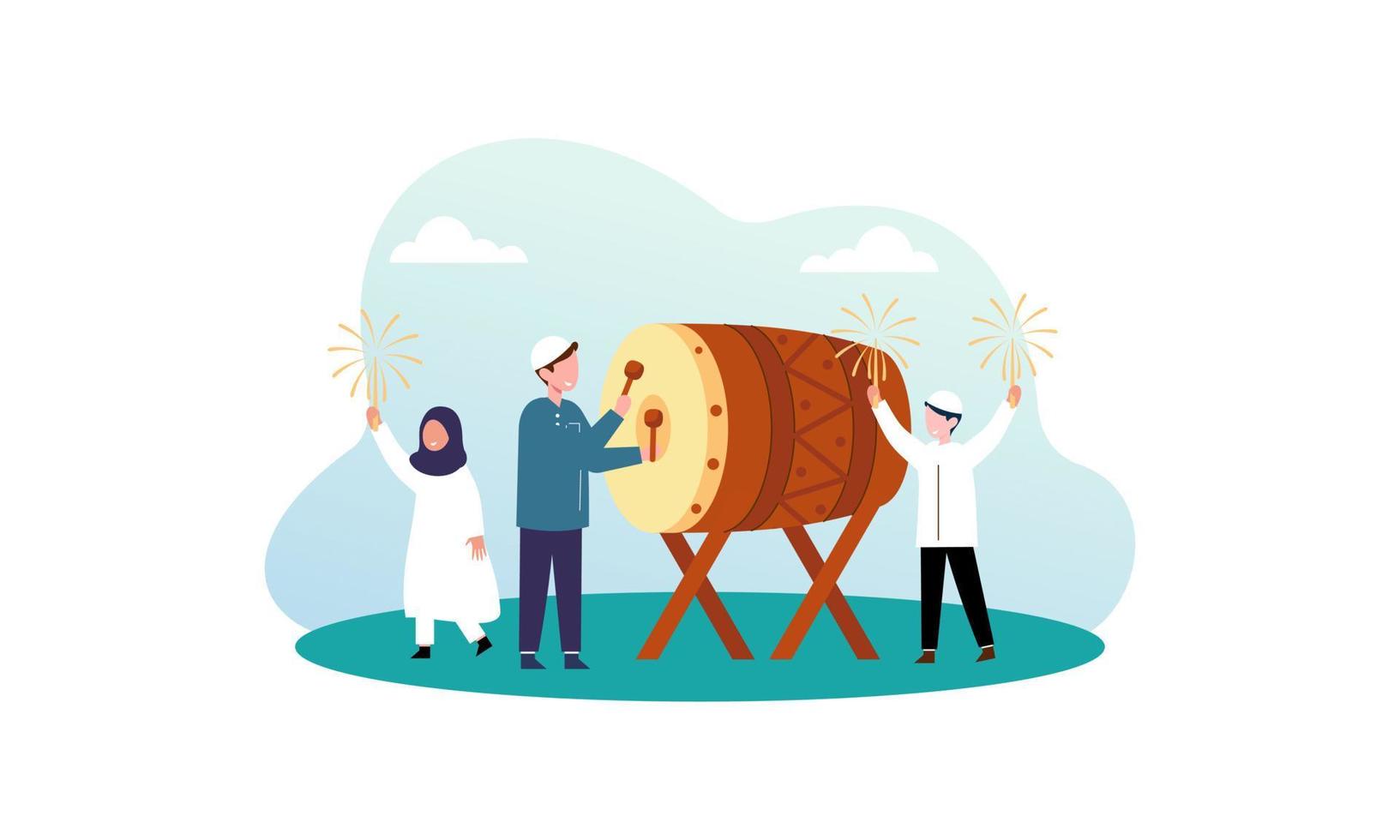 Happy eid mubarak, ramadan mubarak greeting concept with people character illustration vector