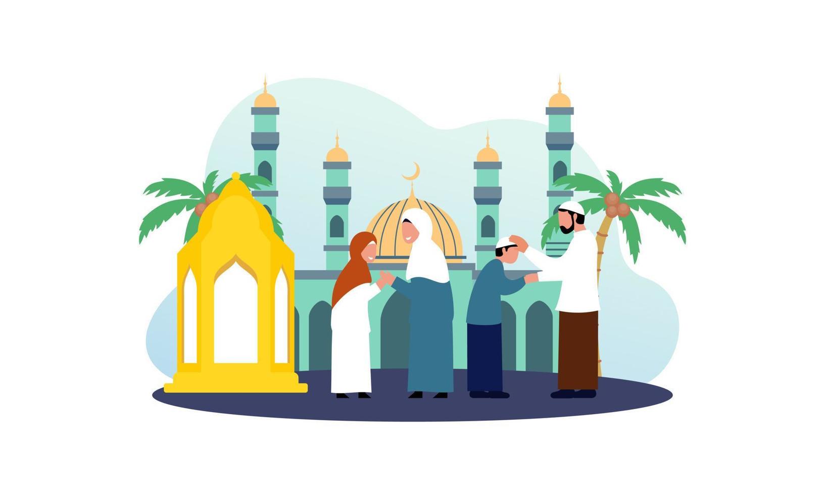 feliz eid mubarak, concepto de saludo de ramadan mubarak con ilustración de personajes de personas vector