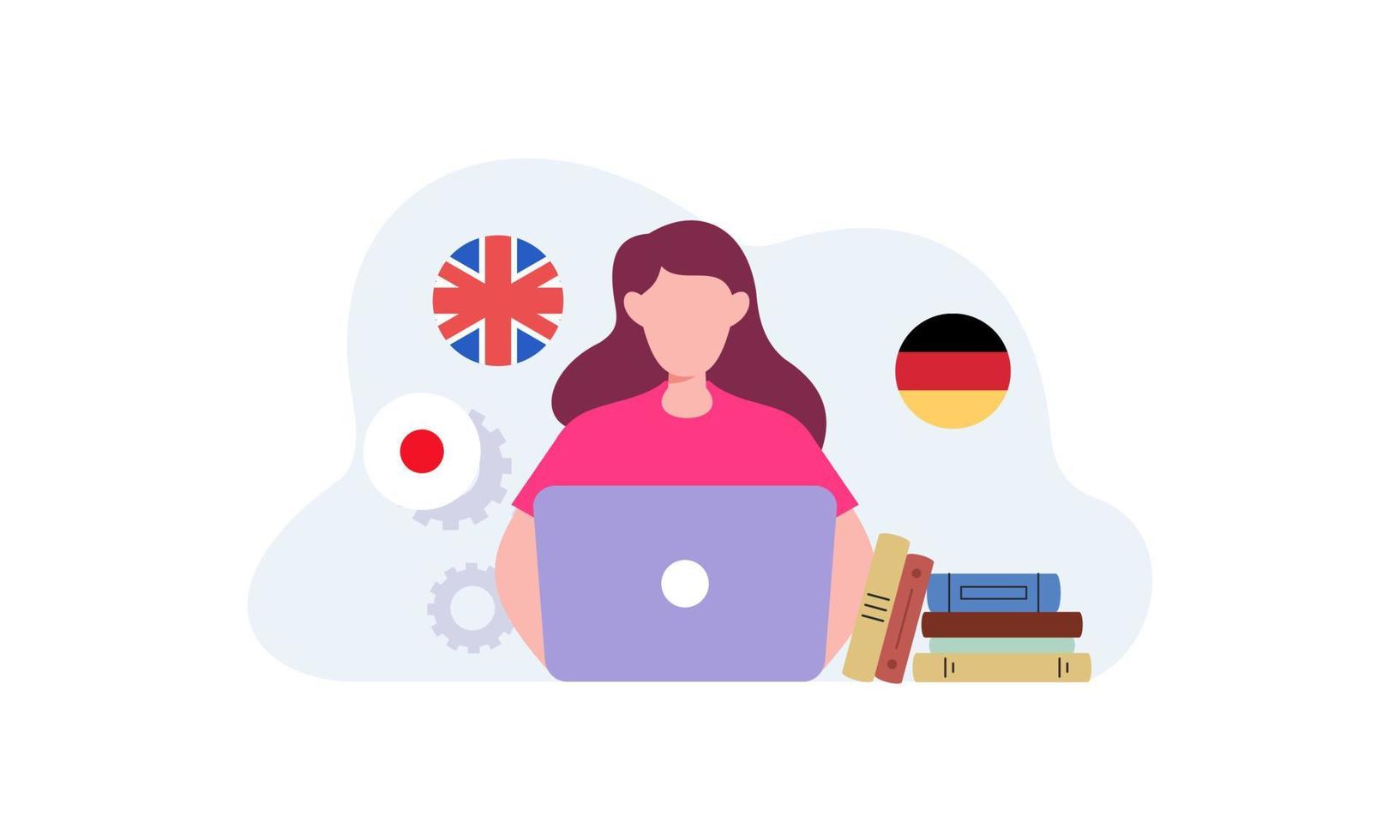 Young teen learns foreign language in online course cartoon vector