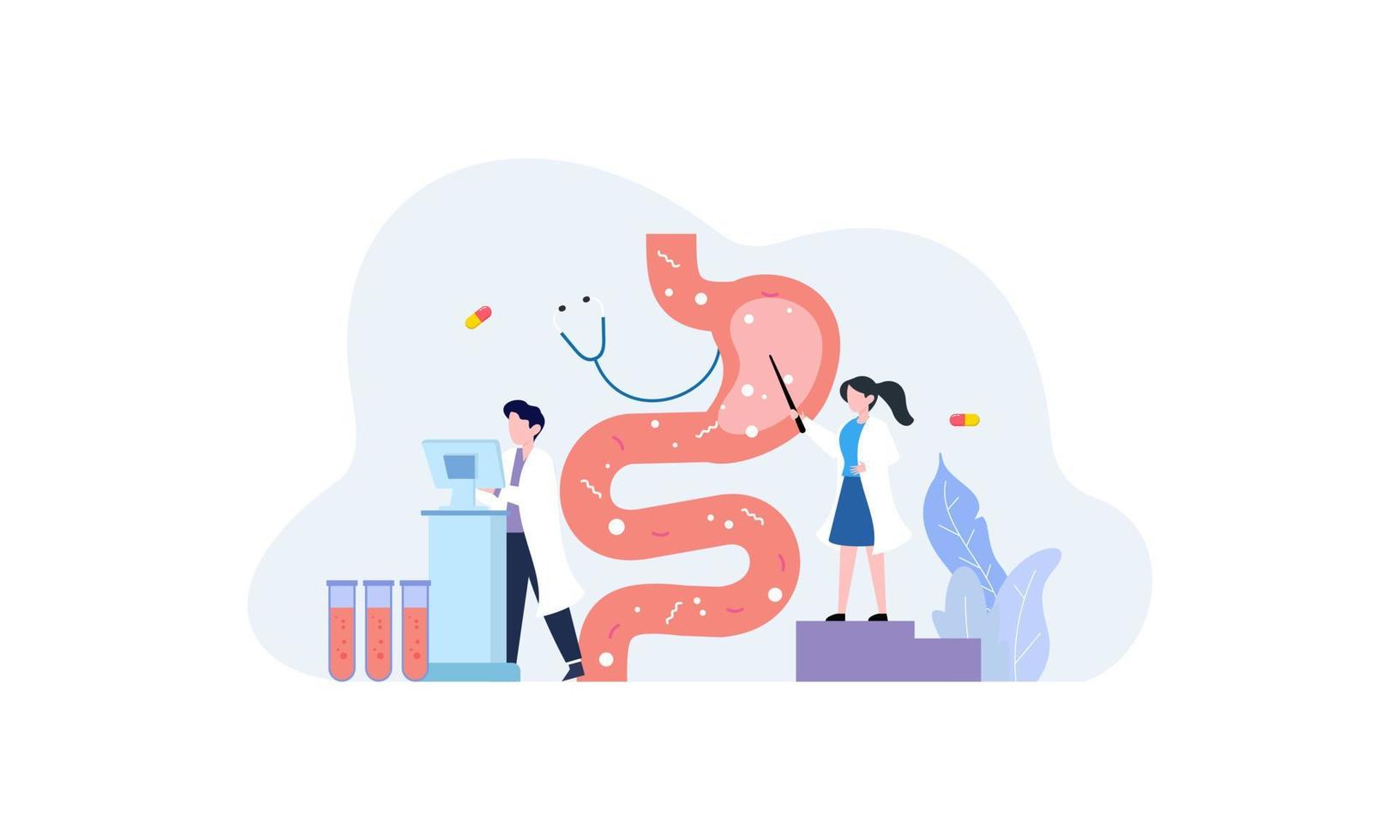 Tiny doctors examining gut flora, health concept illustration vector