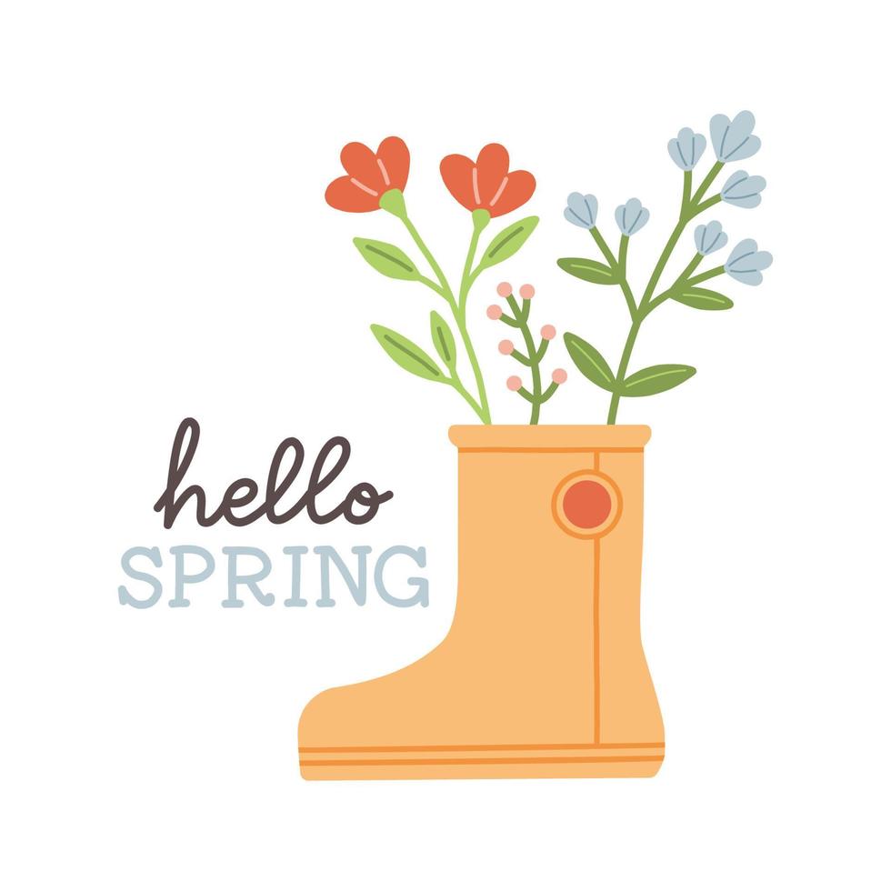 Hola primavera. linda lluvia botas con flores plantas. mano dibujado primavera imprimir, tarjeta, póster. mano escrito texto, letras vector