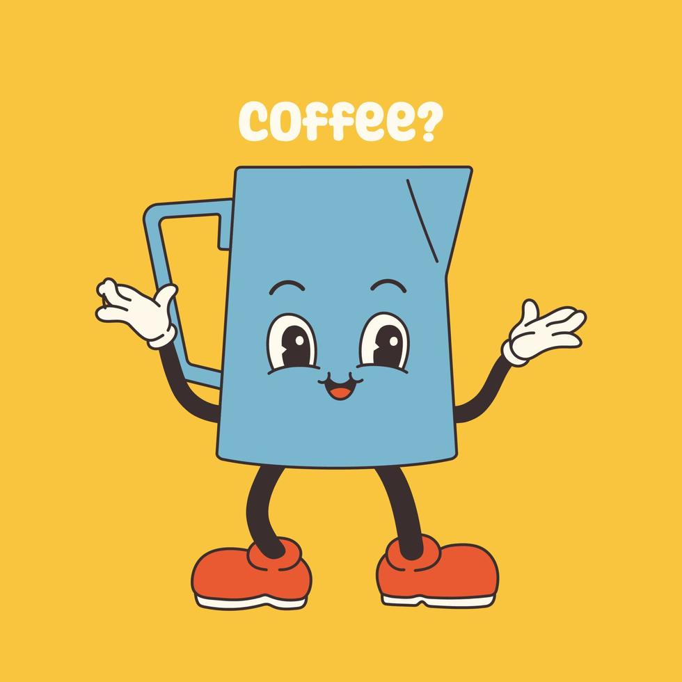 Groovy coffee character. Retro Mascot Vintage Coffee Character Illustration. Vector illustration