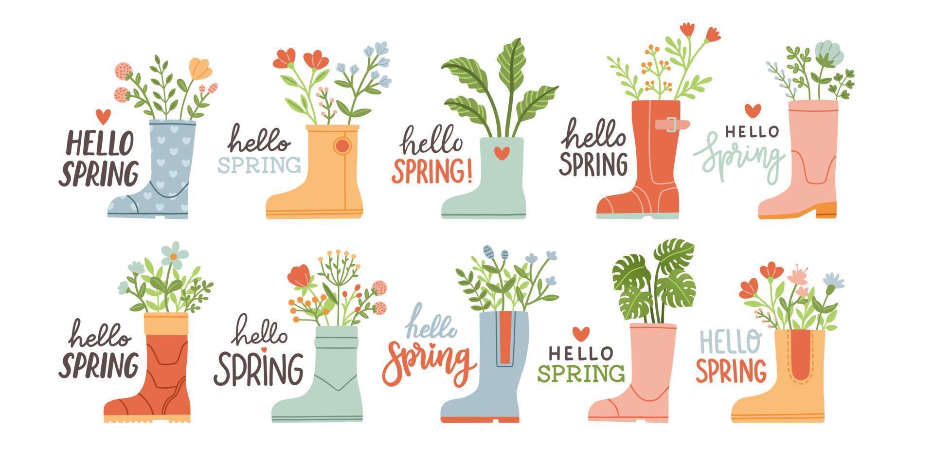 Hola primavera. linda lluvia botas conjunto con flores plantas. mano dibujado primavera imprimir, tarjeta, póster. mano escrito letras vector