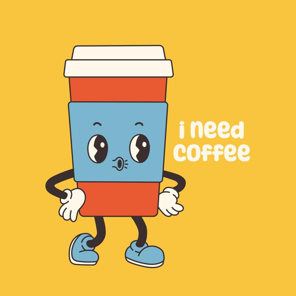 Groovy coffee character. Retro Mascot Vintage Coffee Character Illustration. Vector illustration