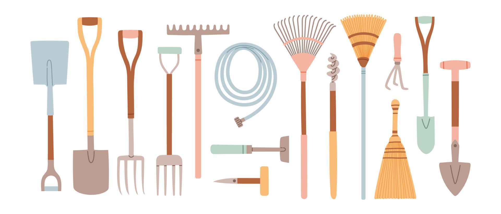 conjunto de artículos de jardinería en estilo dibujado a mano. herramientas agrícolas y de jardín para trabajos de primavera. vector aislado en blanco