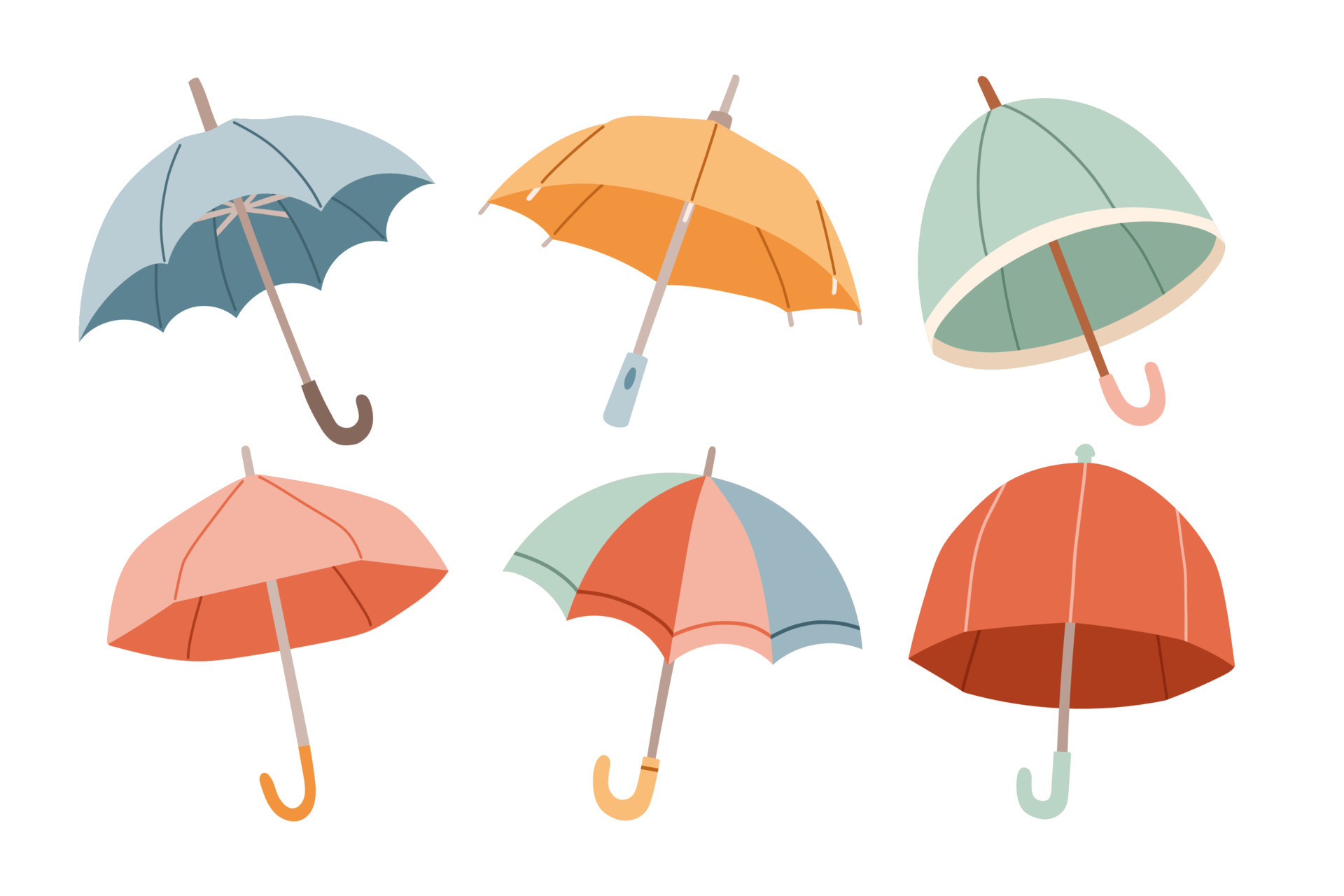 Set of different Umbrellas. Open umbrellas. Various prints. Hand drawn