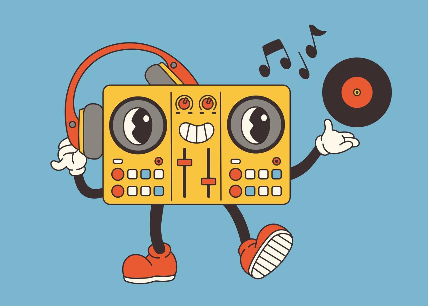 Groovy character DJ controller in old classic cartoon style. Retro Mascot Vintage Character Illustration vector