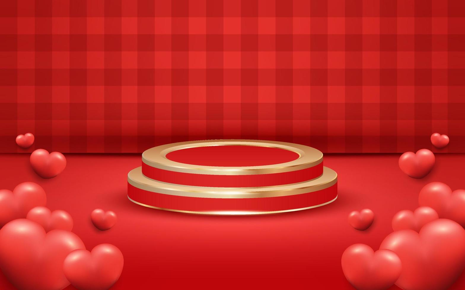 Red Checkered Valentine's Day Background with Podium and Golden Light vector