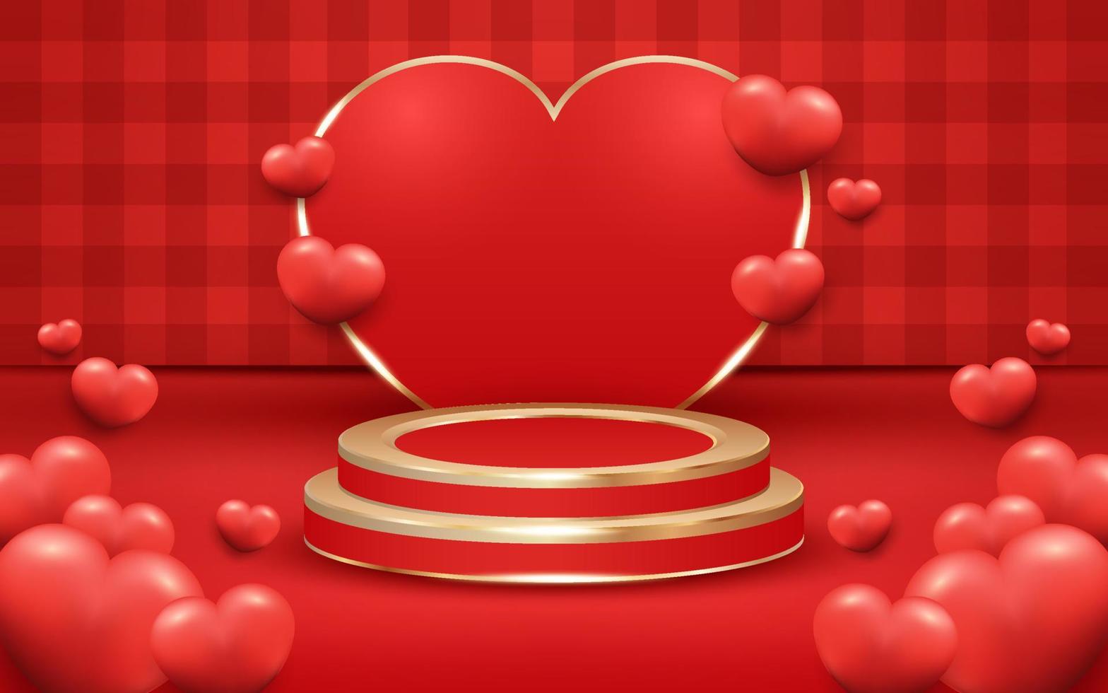 Red Checkered Valentine's Day Background with Podium and Golden Light vector