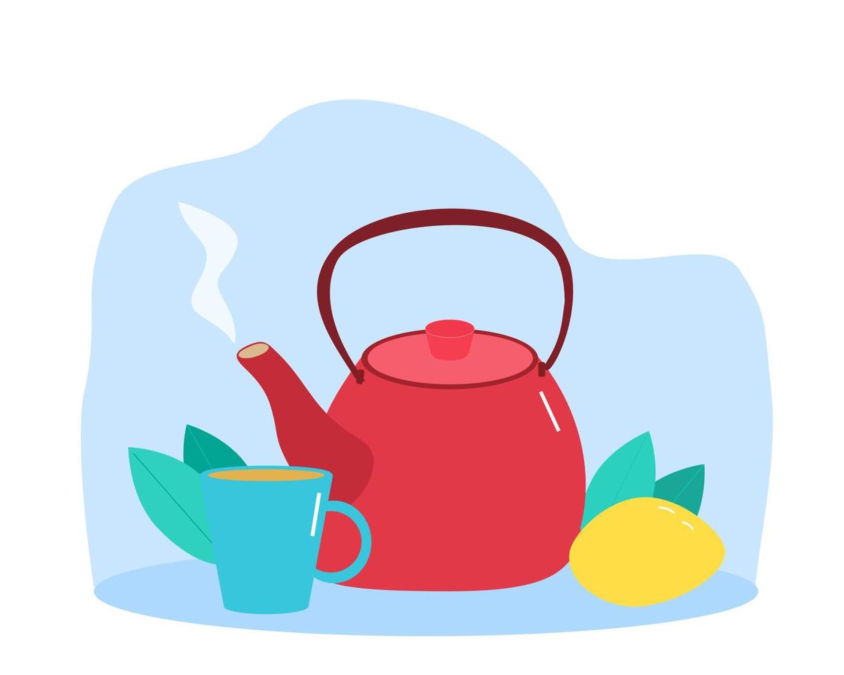 Tea concept kettle with cup and lemon vector