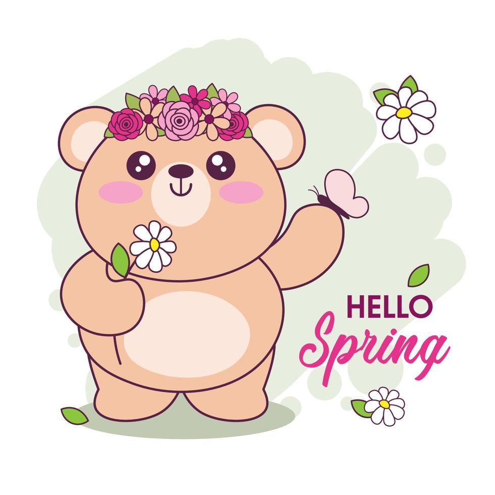 Hola primavera tarjeta. mano dibujado linda kawaii osito de peluche oso. adorable dibujos animados oso personaje con flores y mariposa. infantil t camisa impresión diseño vector