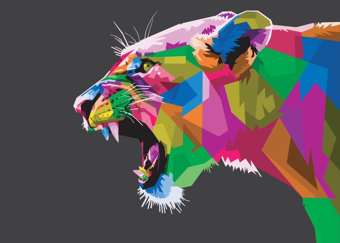 cabeza de león colorida en estilo pop art aislada con fondo negro vector