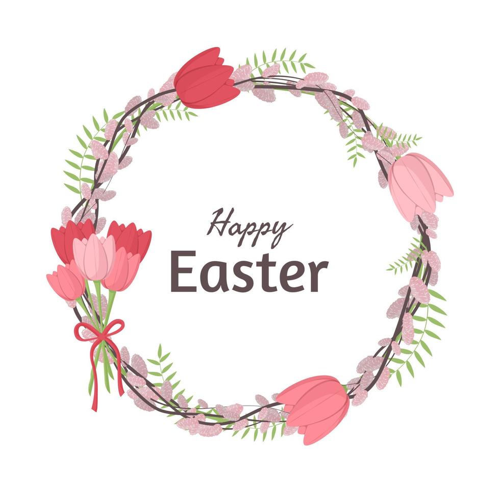 Pascua de Resurrección guirnalda con rosa, rojo tulipanes y coño sauce. contento Pascua de Resurrección grandioso tarjeta o antecedentes. vector