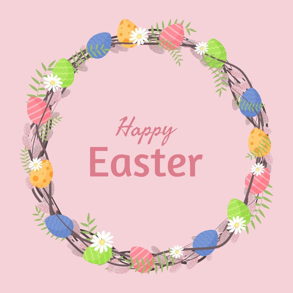 Easter willow wreath with paint eggs ang spring flowers. Happy Easter greating card or background. vector