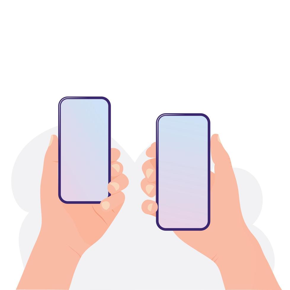 Holding phone in two hands. Empty screen, phone mockup. Editable smartphone template vector illustration on isolated background.