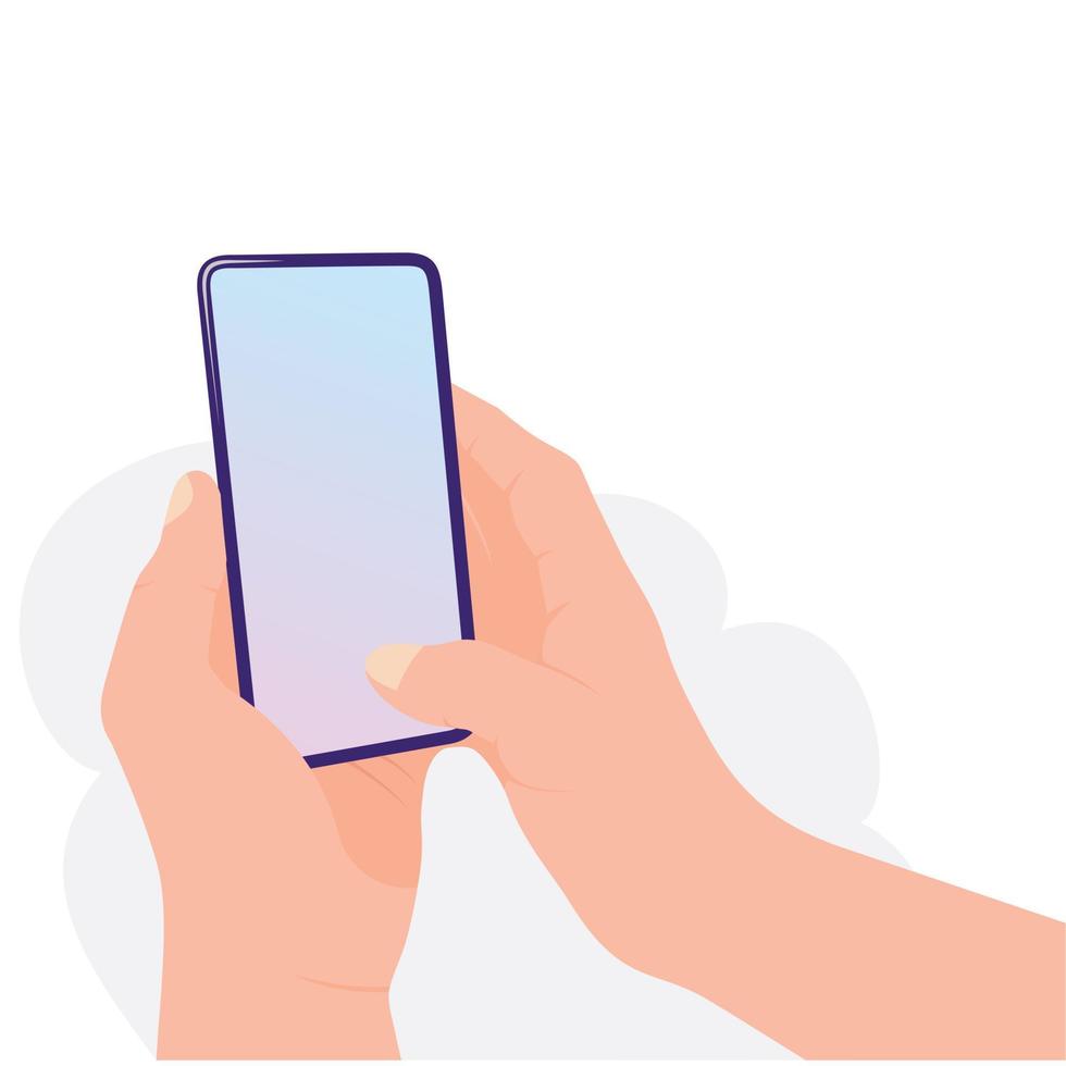 Holding phone in one hands. Empty screen, phone mockup. Editable smartphone template vector illustration on isolated background.