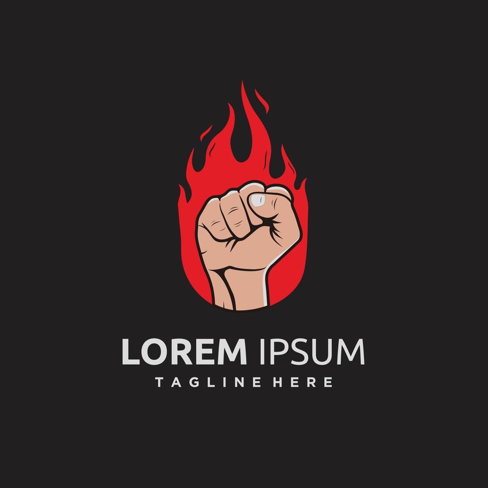 Raised hand flame with clenched fist logo. Strong, strength on fire vector illustration